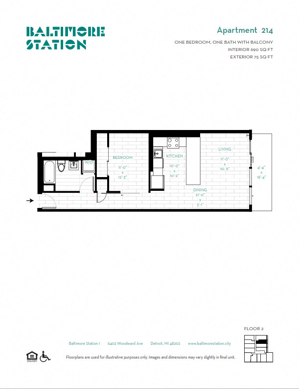 Floor plan for 1 bed, 1 bath, 690 sqft